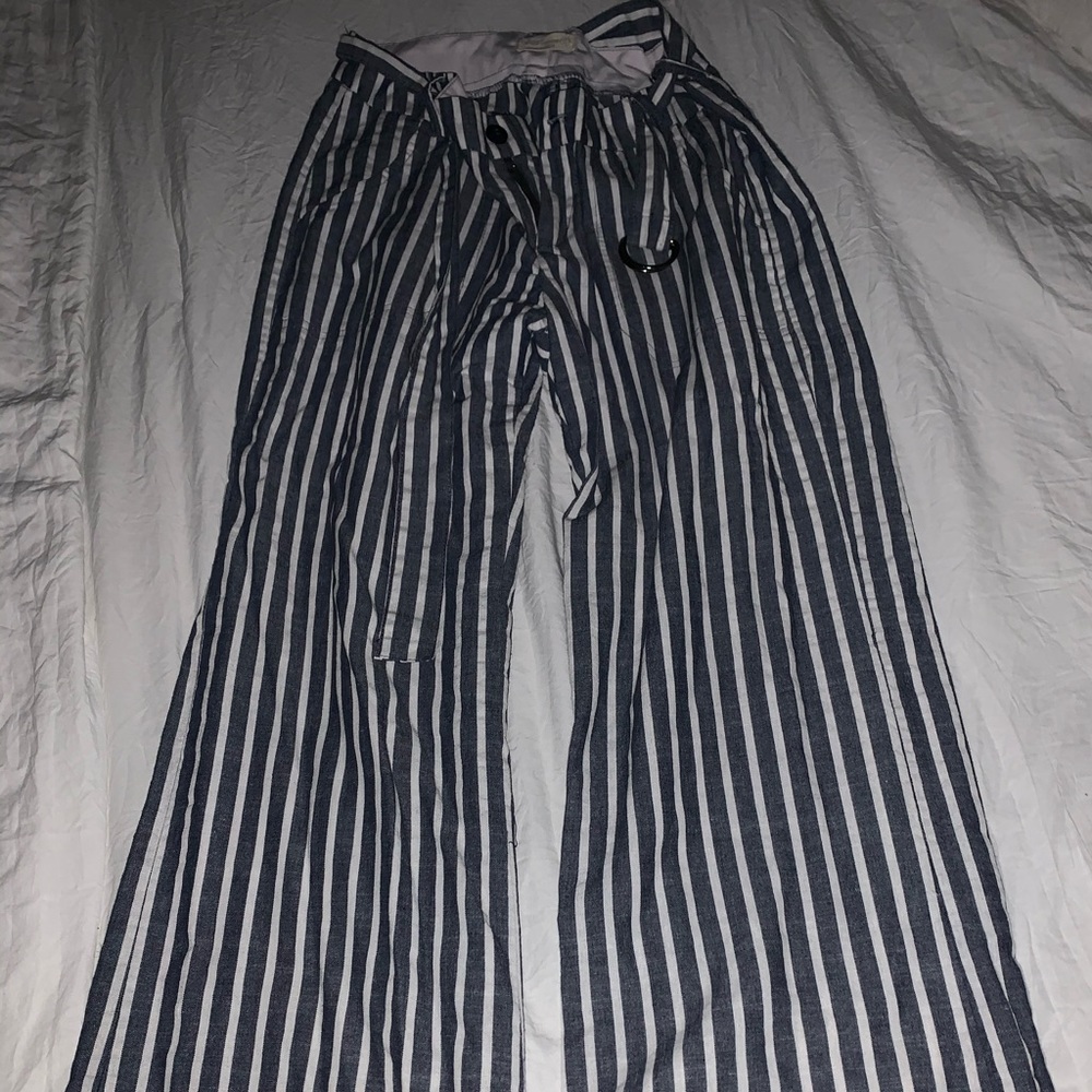 Blue and white linen pants with waist belt